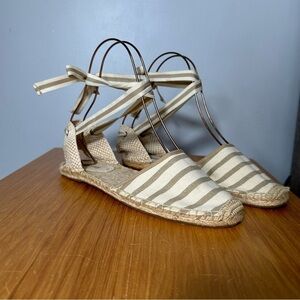 Soludos Lace-Up Espadrilles, Size 9.5, Cream Tan Stripe